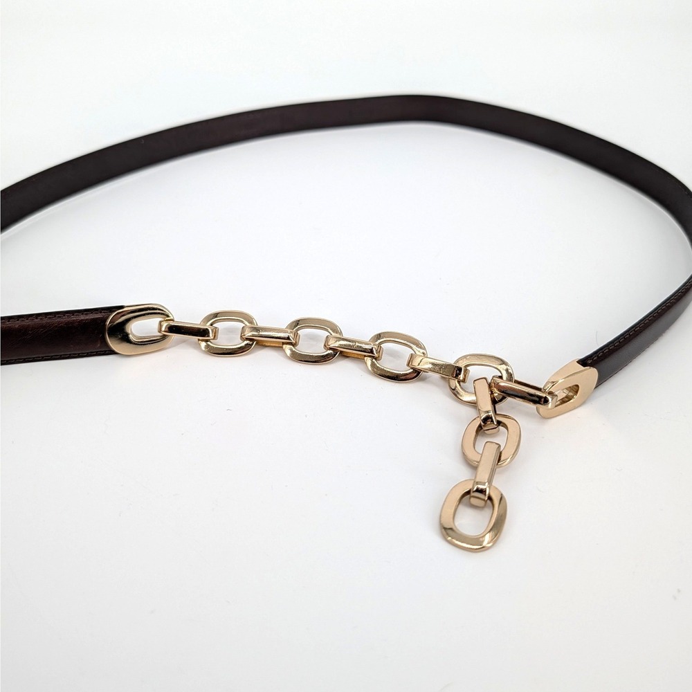 Fossil Dark Brown Leather Skinny Belt Gold Chain Link Closure Size M